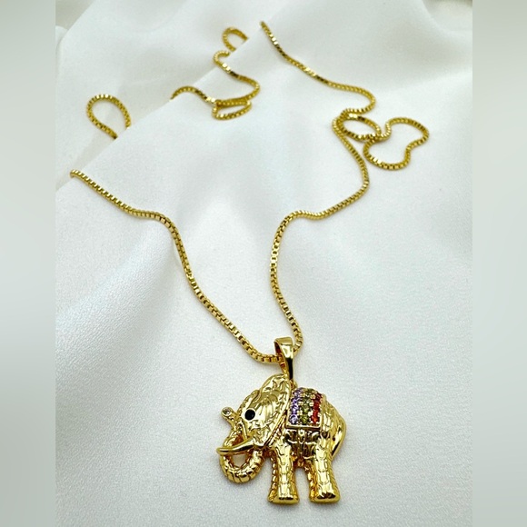 Elephant Necklace CZ Colorful Stone 14k Gold Plated Luxury Jewelry - Picture 7 of 12
